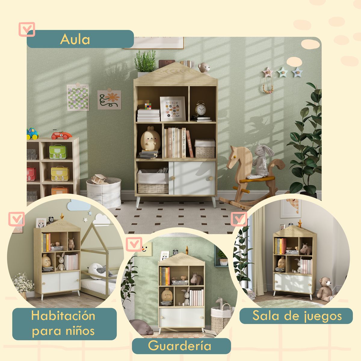 Estantería infantil Campanilla Aiyaplay 4 estantes + armario +3A blanco/natural 140,5x80x30 cm