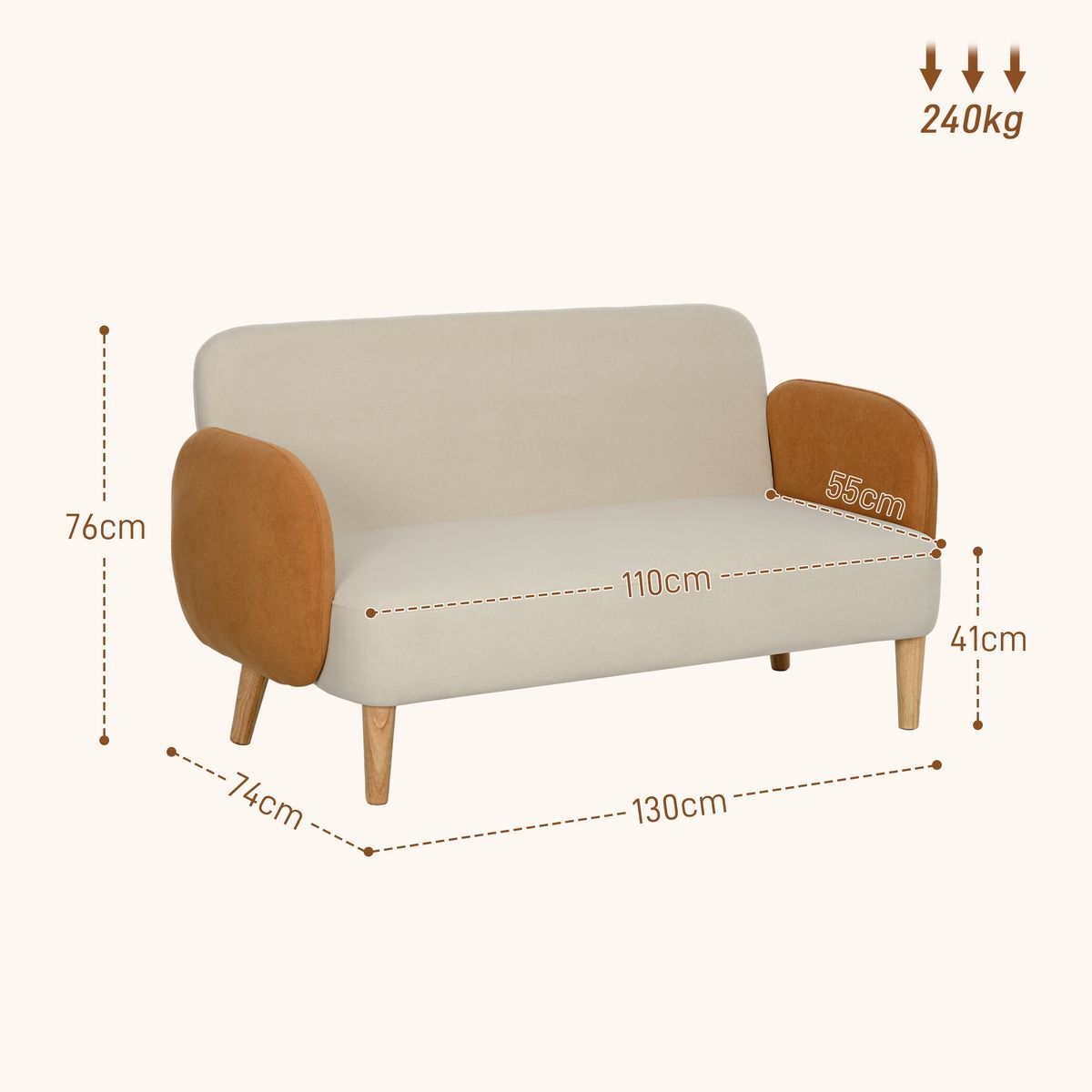 Sofá Disco Homcom 2 plazas con reposabrazos crema 76x130x74 cm medidas