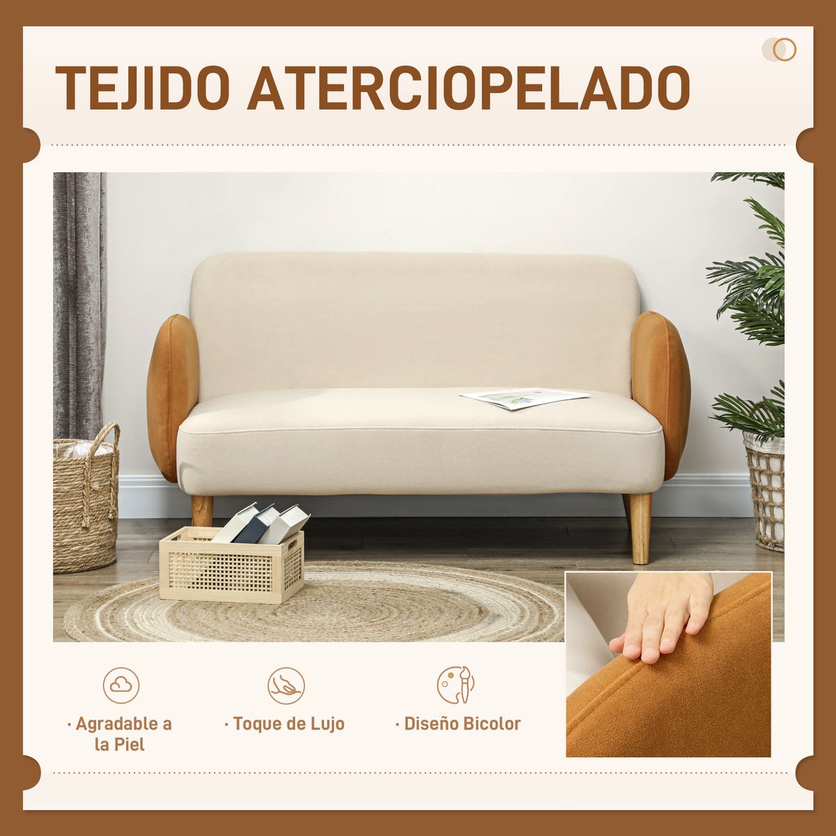 Sofá Disco Homcom 2 plazas con reposabrazos crema 76x130x74 cm web