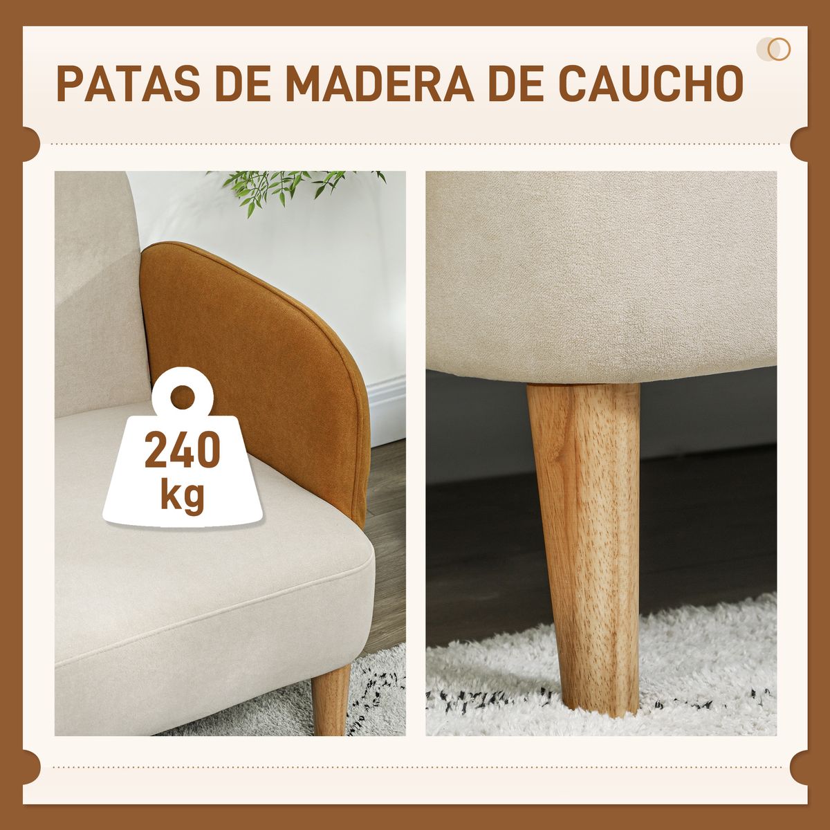 Sofá Disco Homcom 2 plazas con reposabrazos crema 76x130x74 cm