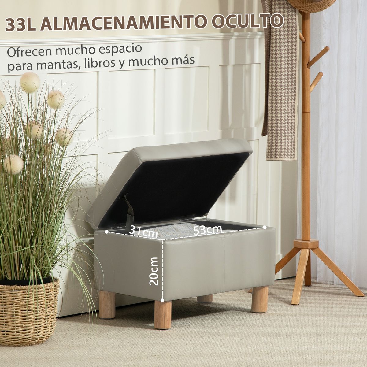 Baúl de almacenaje Bonnie Homcom 33L tapa abatible gris 40x60x38 cm