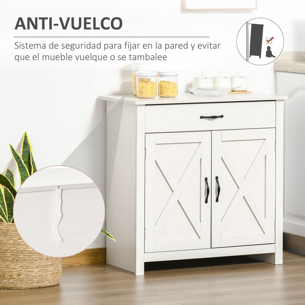 Aparador Danburita Homcom 1 cajón + armario blanco 80x80x39,7 cm