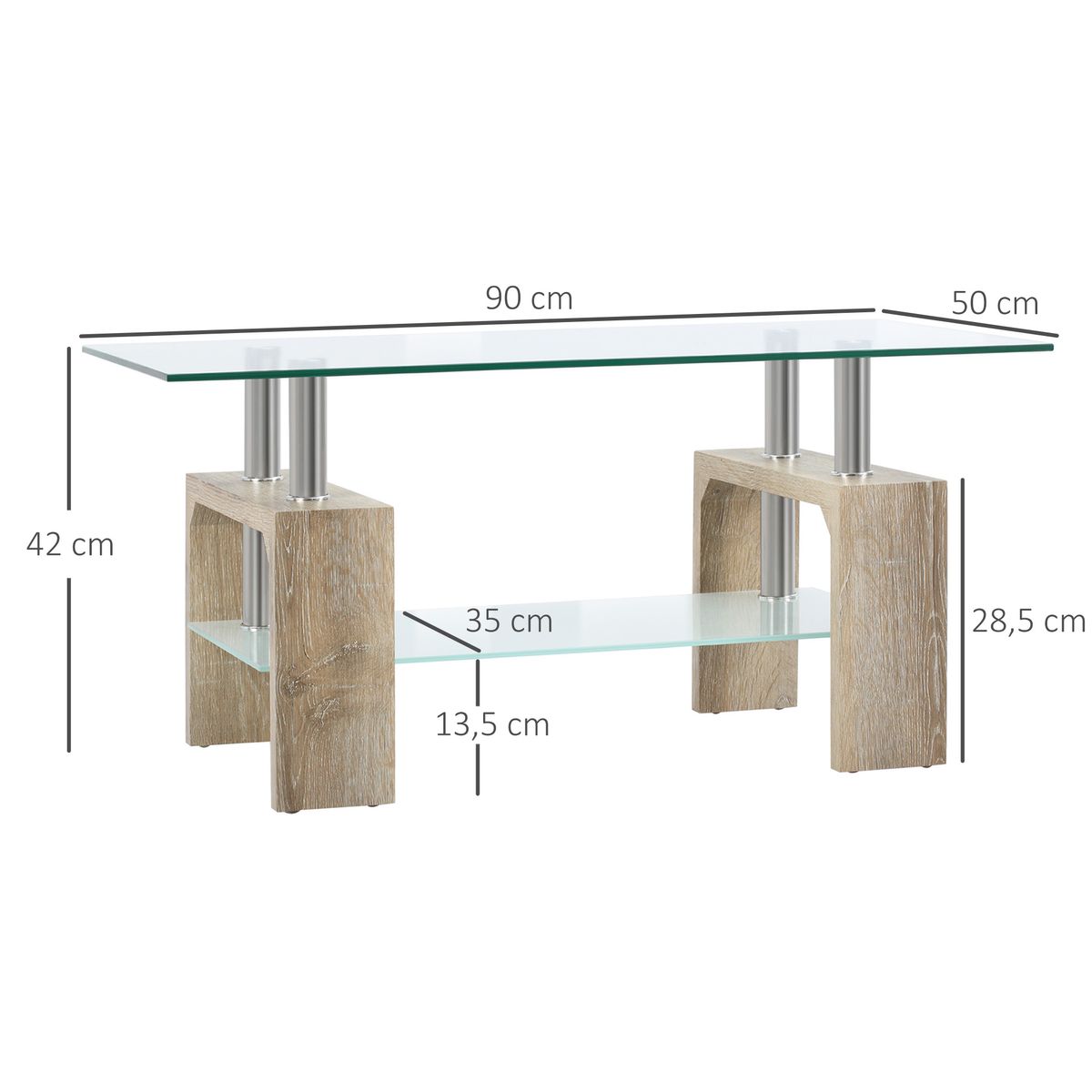 Mesa de centro Tyler Homcom encimera de vidrio + estante natural 42x90x50 cm