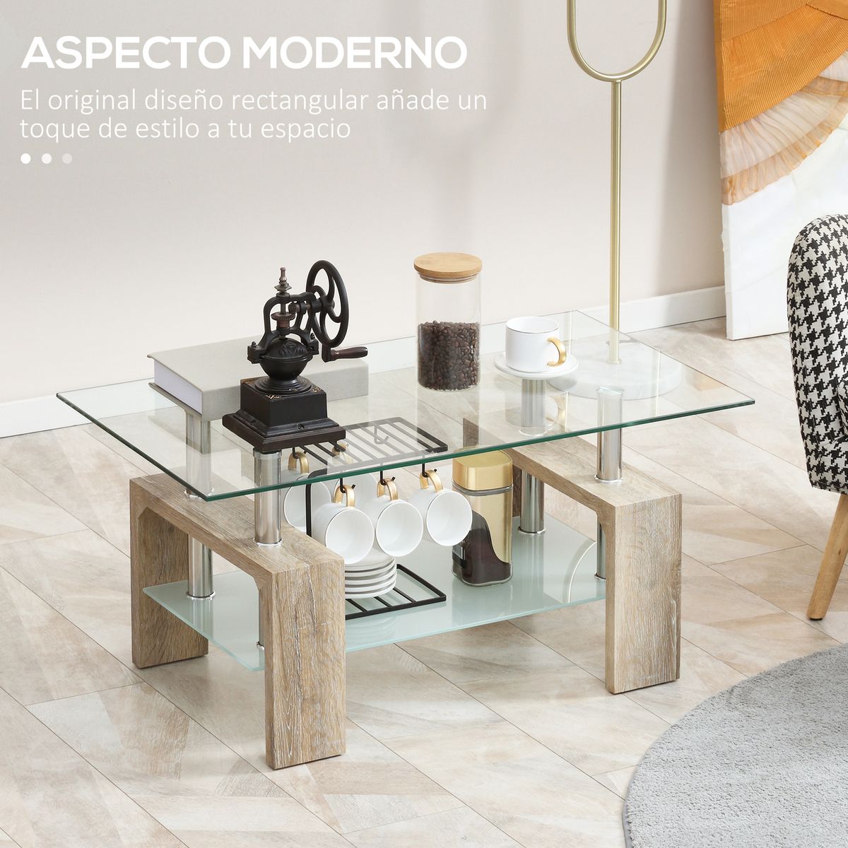 Mesa de centro Tyler Homcom encimera de vidrio + estante natural 42x90x50 cm