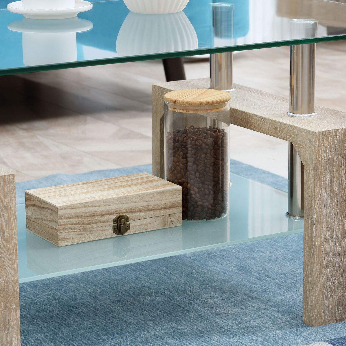 Mesa de centro Tyler Homcom encimera de vidrio + estante natural 42x90x50 cm