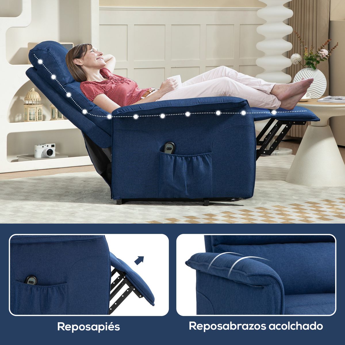 Sillón relax Marcelo reclinable sistema de elevación y mando a distancia azul 96x66x90 cm