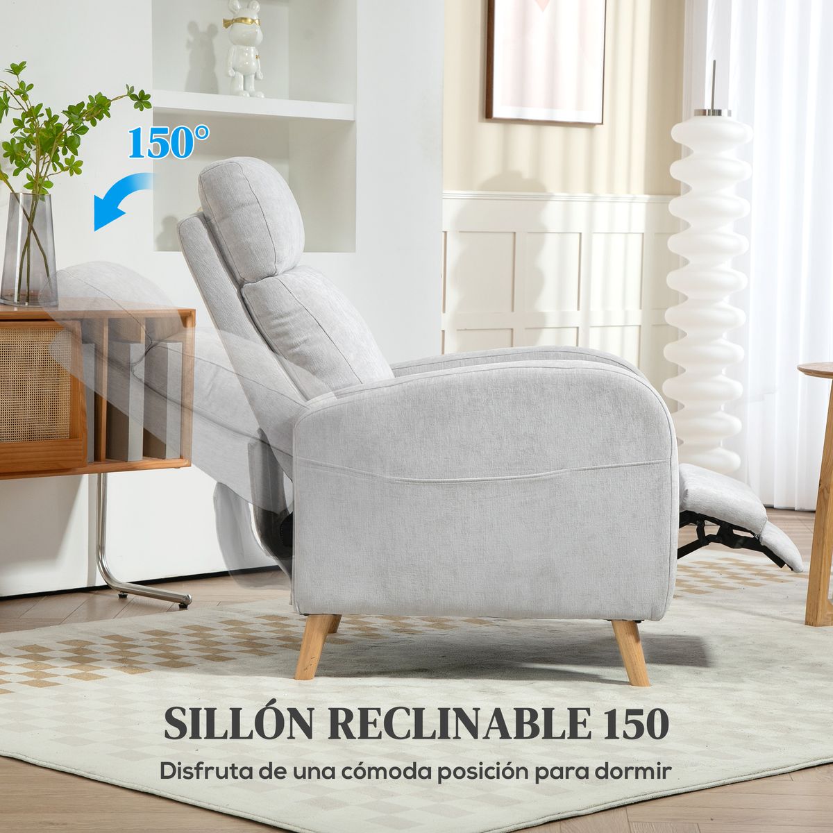 Sillón relax Leo Homcom reclinación manual + reposapiés retráctil gris 106x68x90 cm