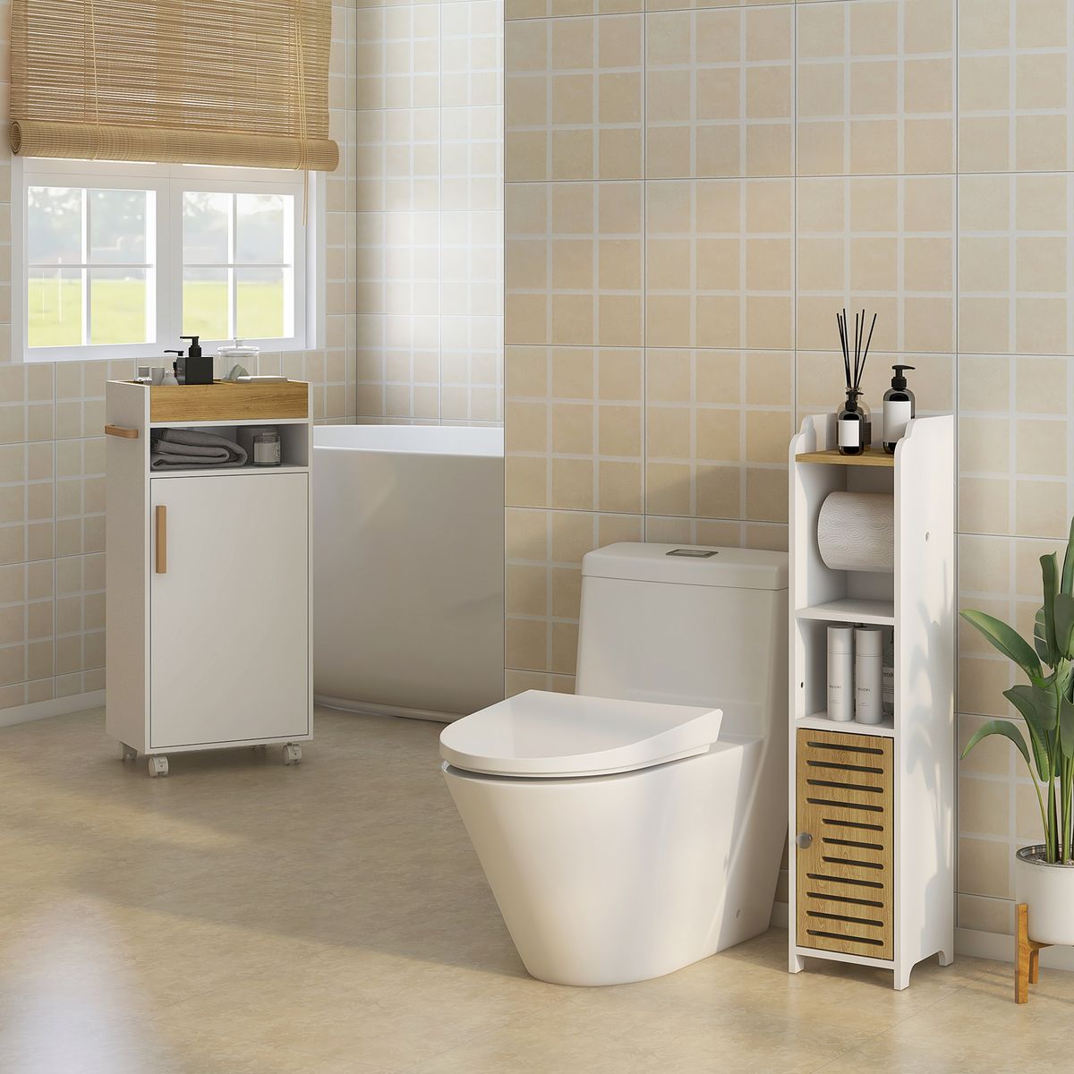 Portarrollos Perla Kleankin estante + armario blanco/roble 90x18x20 cm amimada