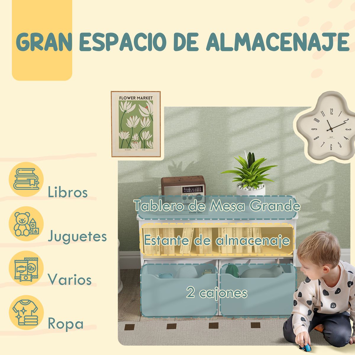 Estantería infantil Cilantro Aiyaplay compartimento + 2 cajones +3A blanco 45x80x30 cm web