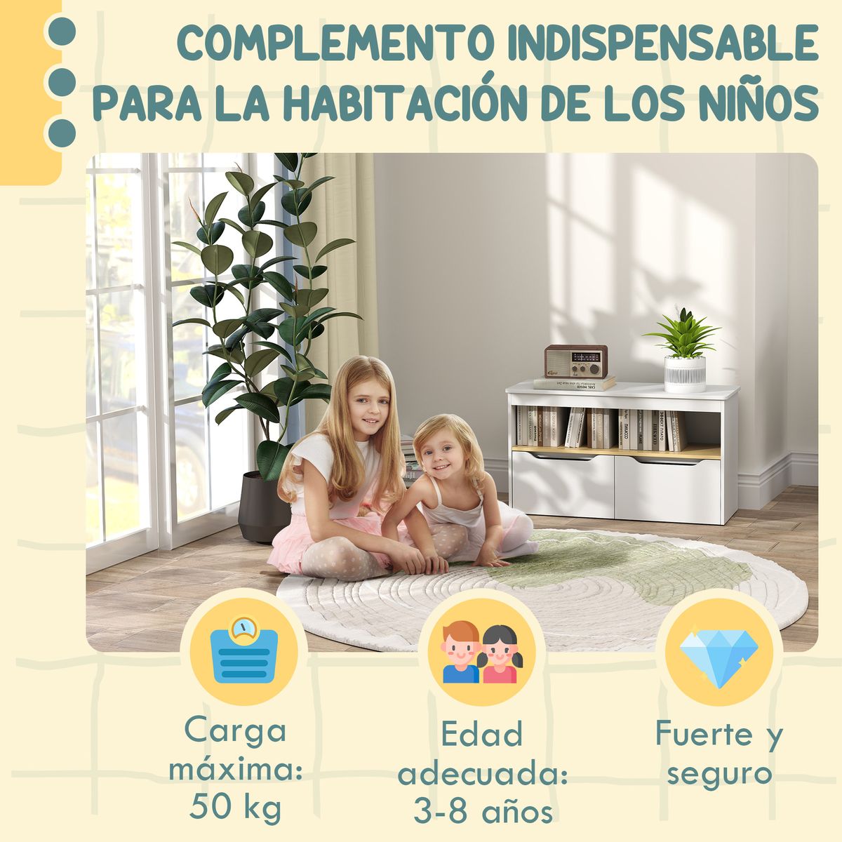 Estantería infantil Cilantro Aiyaplay compartimento + 2 cajones +3A blanco 45x80x30 cm
