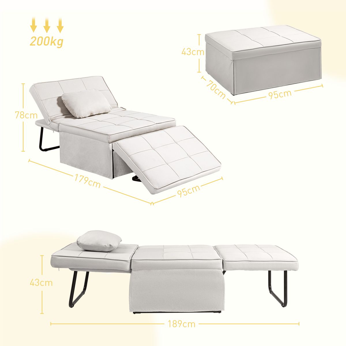 Sillón cama Jaspe Homcom respaldo 5 posiciones con reposapiés crema 78X95X179 cm posiciones y medidas