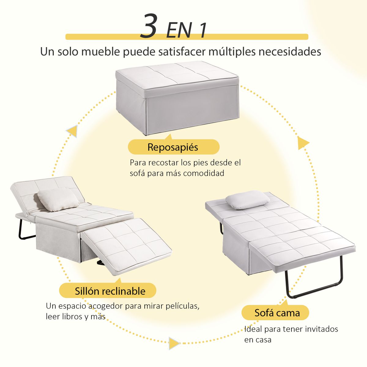 Sillón cama Jaspe Homcom respaldo 5 posiciones con reposapiés crema 78X95X179 cm posiciones