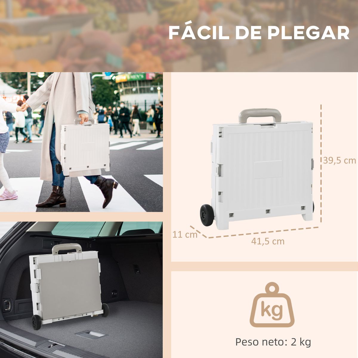 Carrito auxiliar Urkiola Homcom 32L con ruedas blanco 85x41,5x32,5 cm