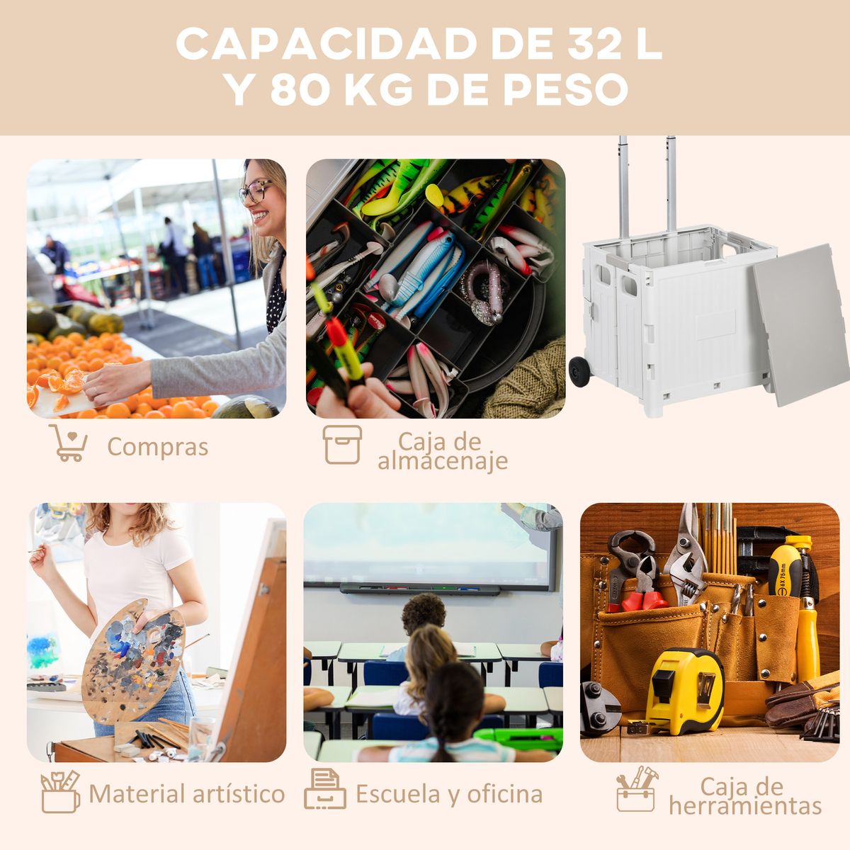 Carrito auxiliar Urkiola Homcom 32L con ruedas blanco 85x41,5x32,5 cm