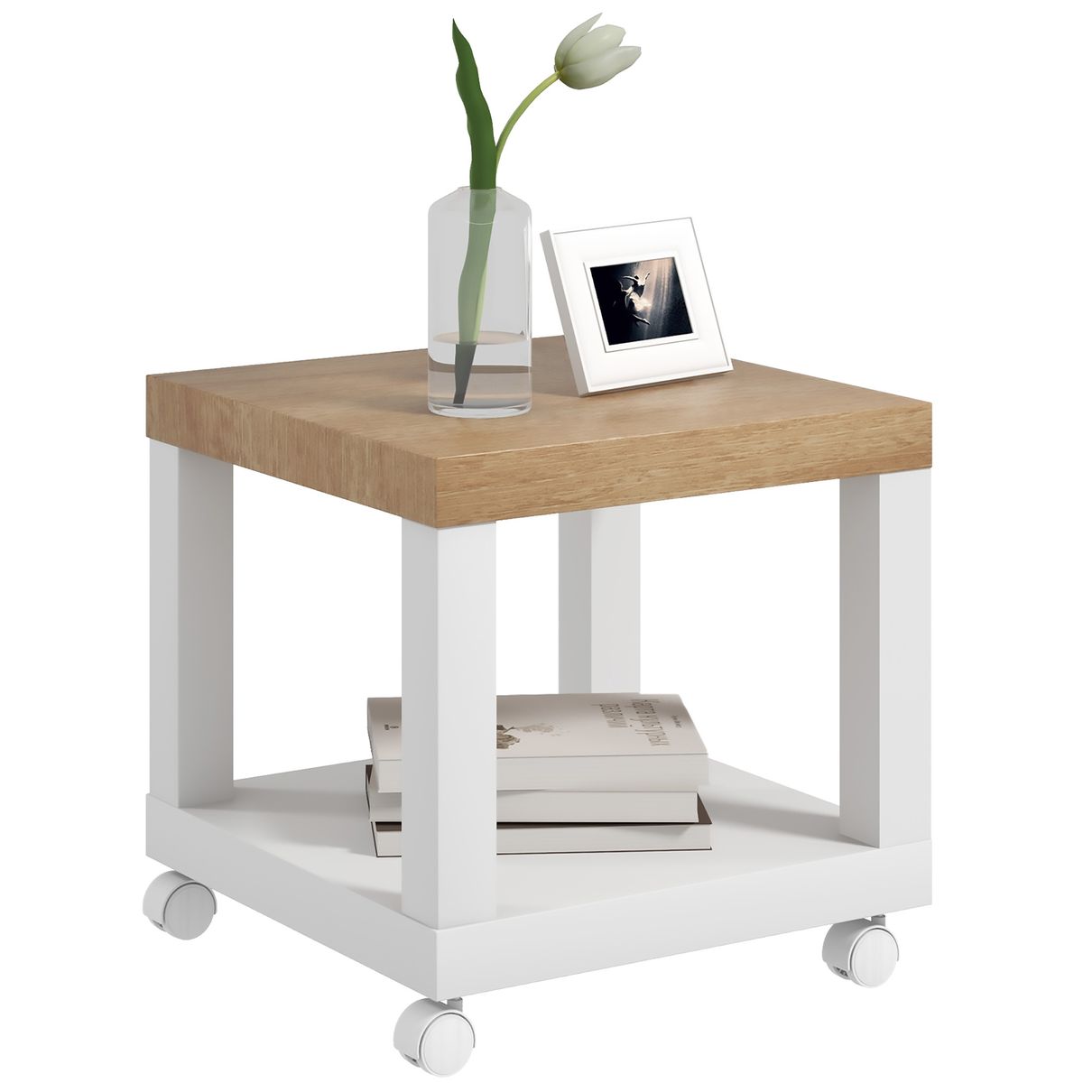 Mesa auxiliar Azucena Homcom con ruedas blanco/natural 40x40 cm fondo blanco