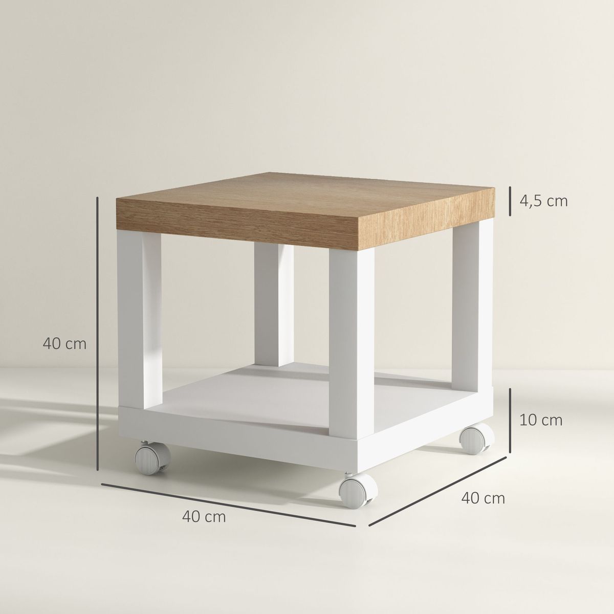 Mesa auxiliar Azucena Homcom con ruedas blanco/natural 40x40 cm medidas