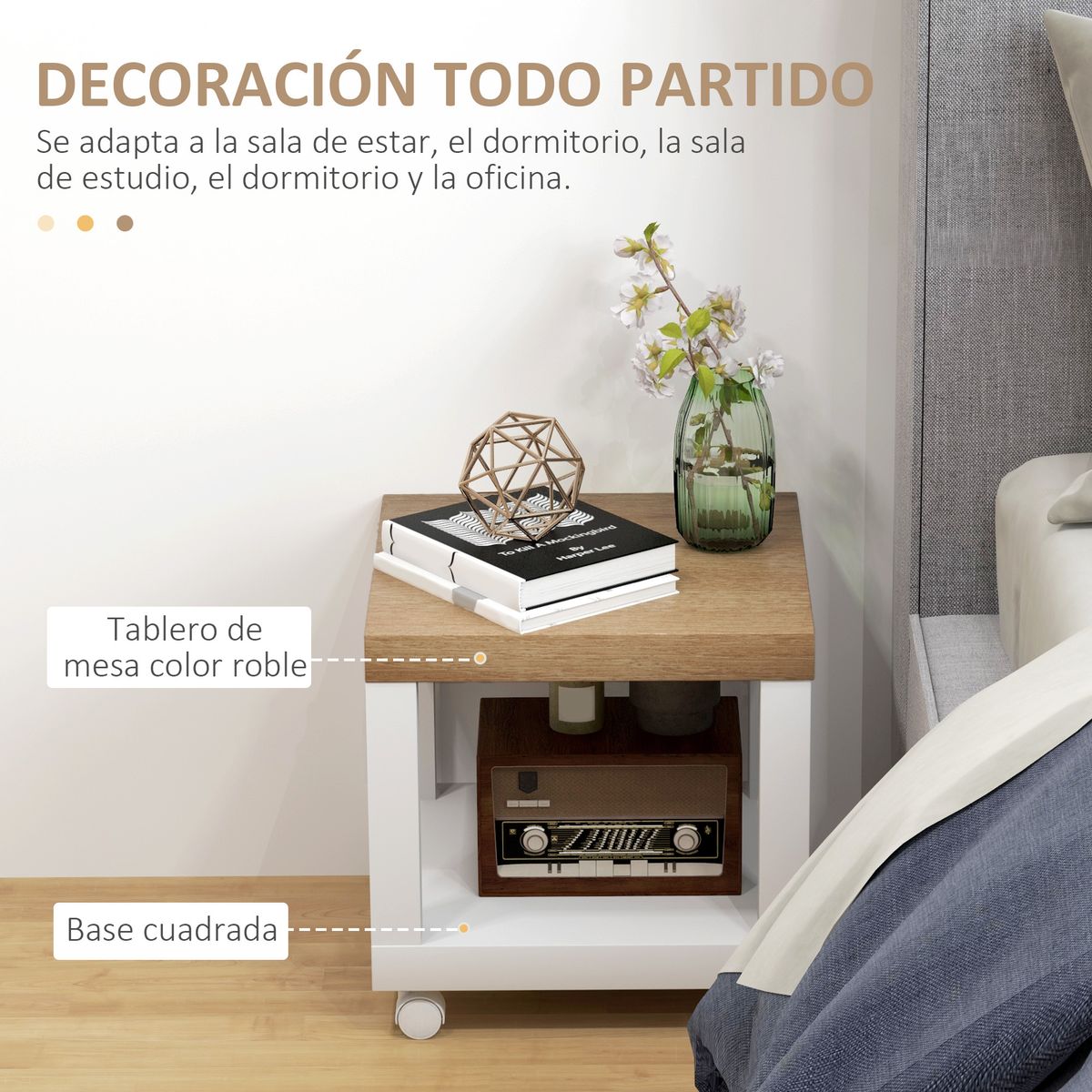 Mesa auxiliar Azucena Homcom con ruedas blanco/natural 40x40 cm