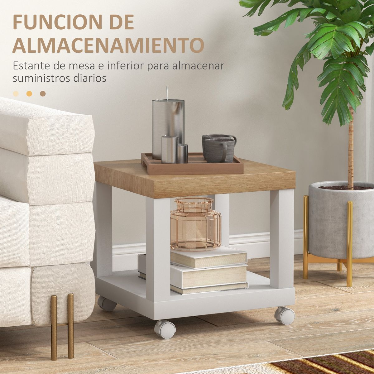 Mesa auxiliar Azucena Homcom con ruedas blanco/natural 40x40 cm