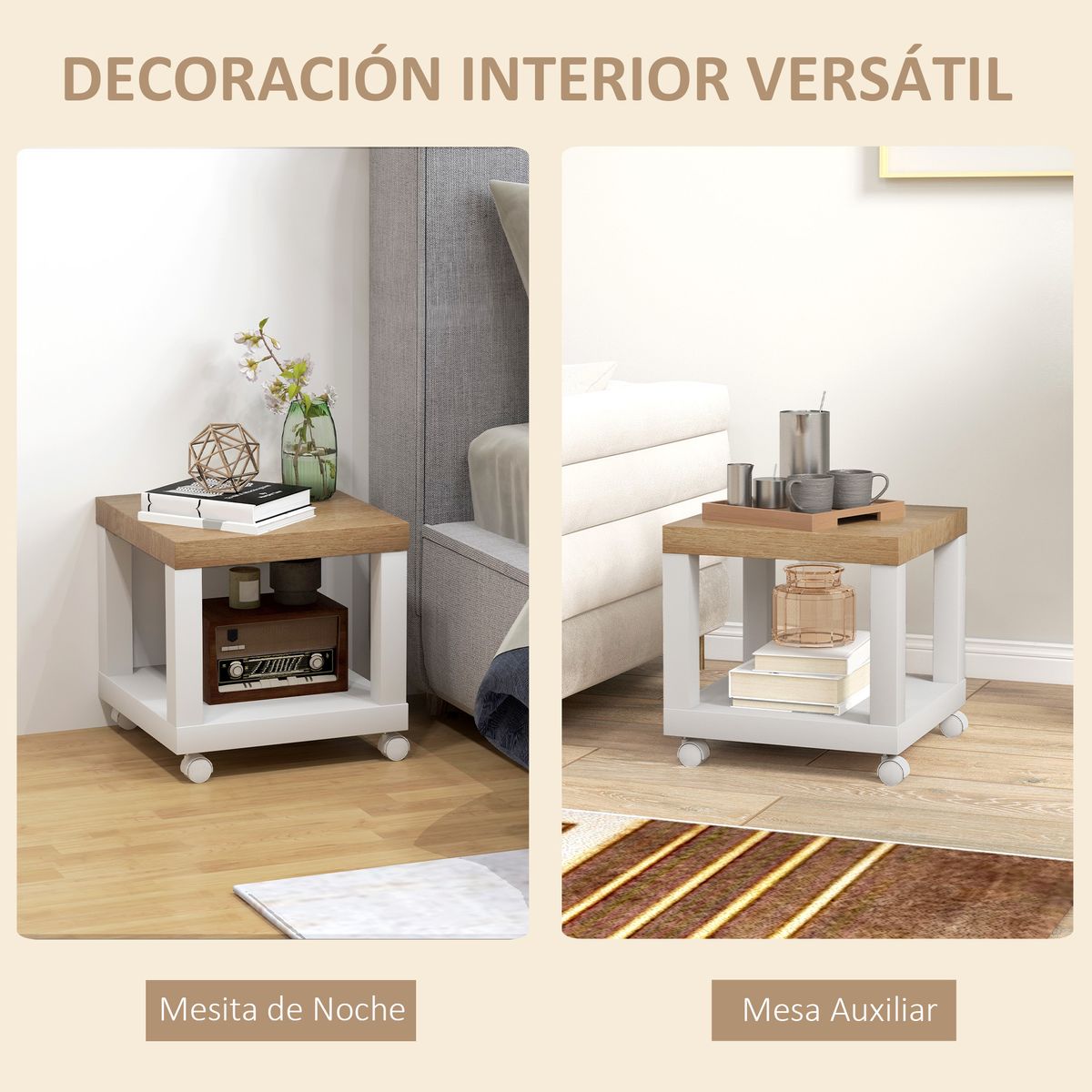 Mesa auxiliar Azucena Homcom con ruedas blanco/natural 40x40 cm