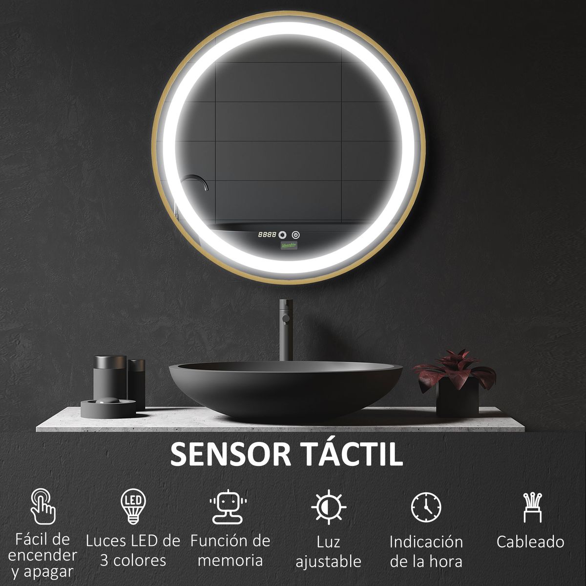 Espejo redondo Adán Kleankin con luz LED control táctil dorado Ø60x4 cm luz led