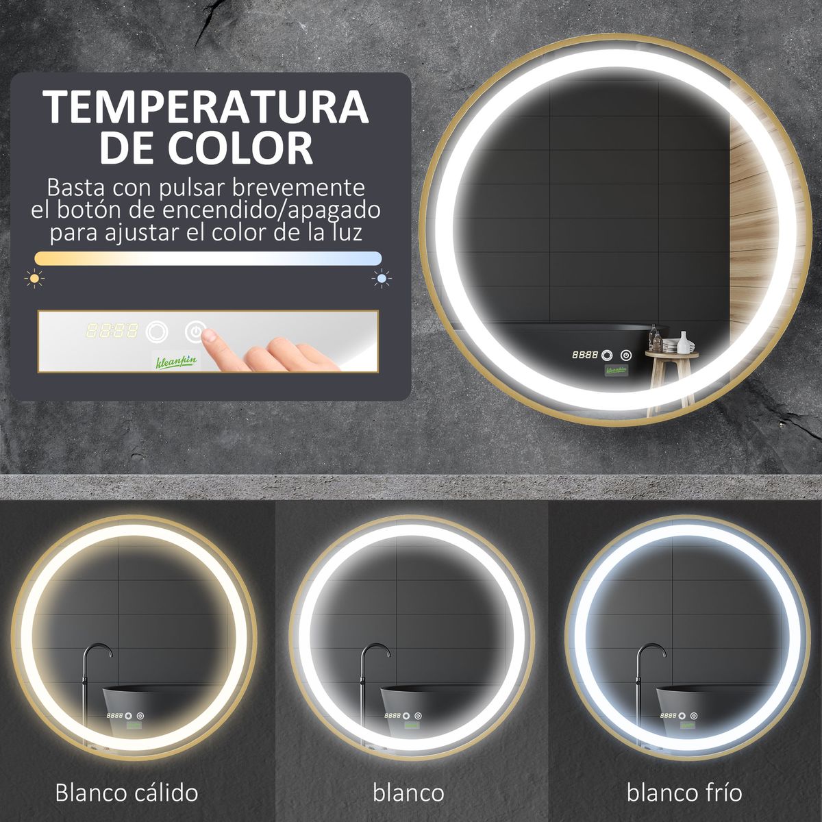 Espejo redondo Adán Kleankin con luz LED control táctil dorado Ø60x4 cm