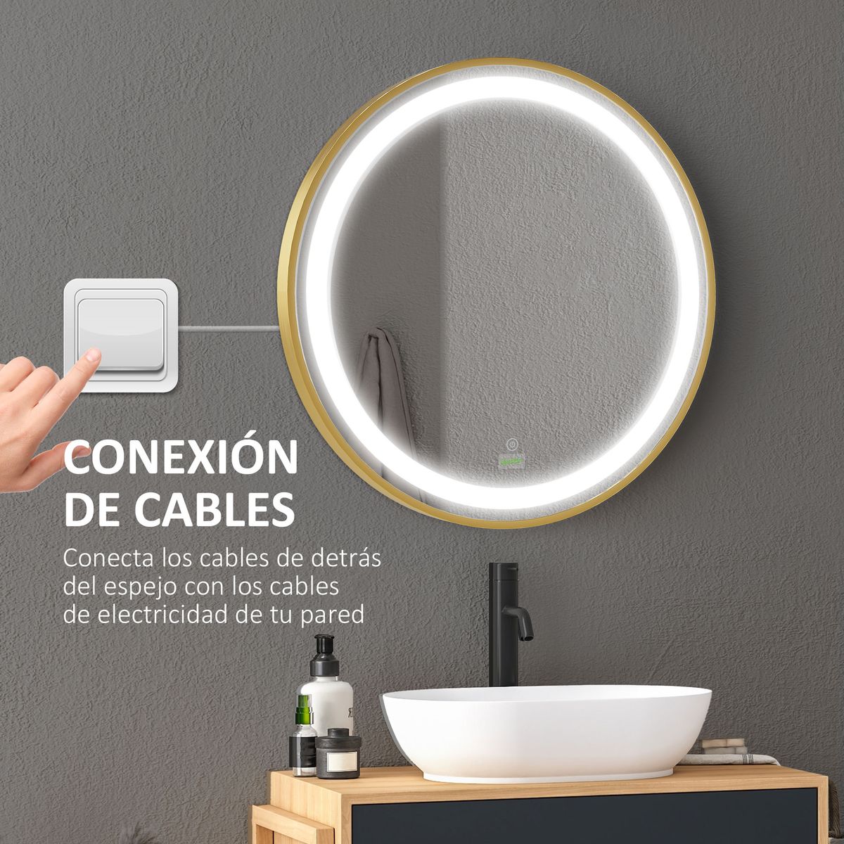 Espejo redondo Adán Kleankin con luz LED control táctil dorado Ø60x4 cm