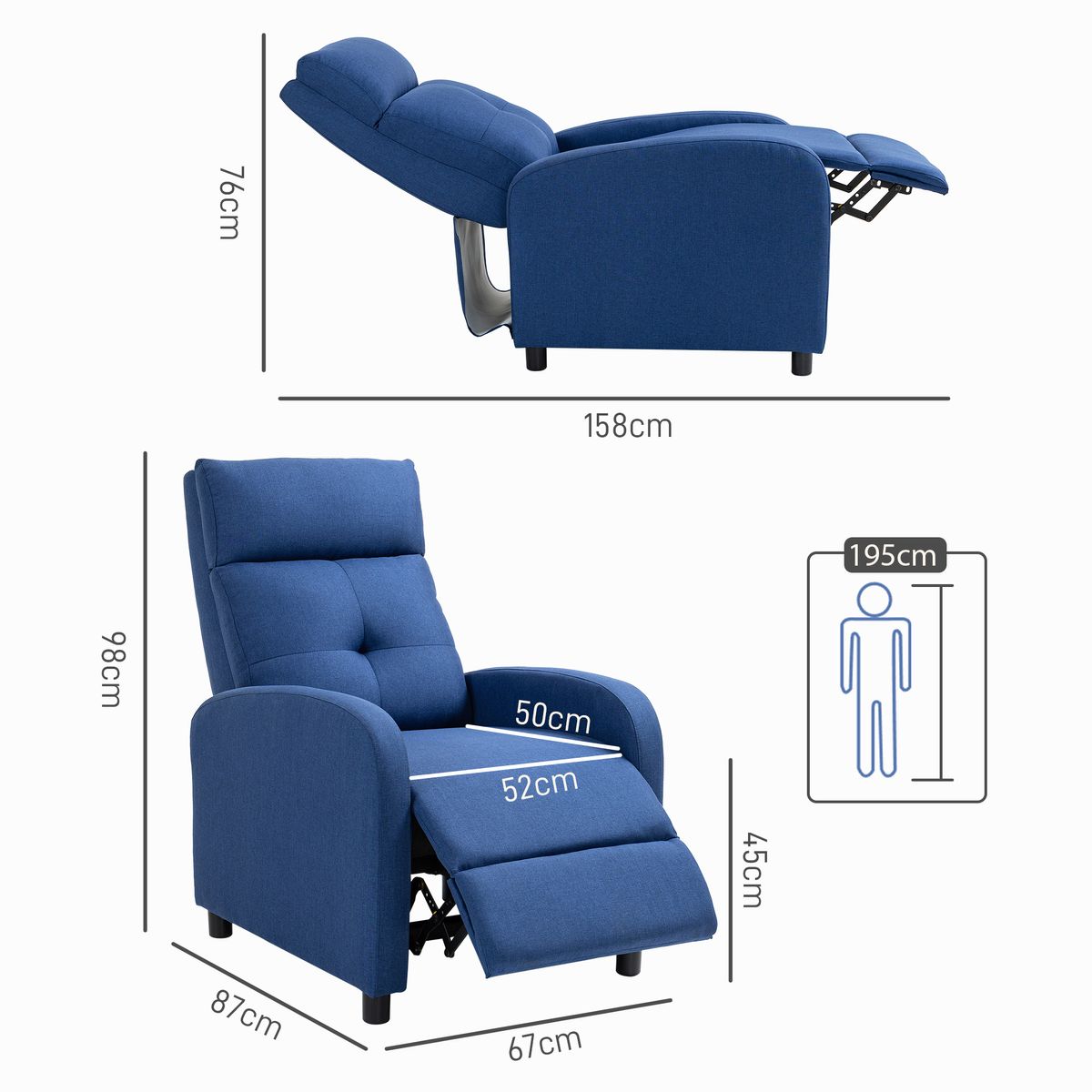 Sillón relax Gorrión Homcom reclinable con reposapiés azul 98x67x87 cm medidas