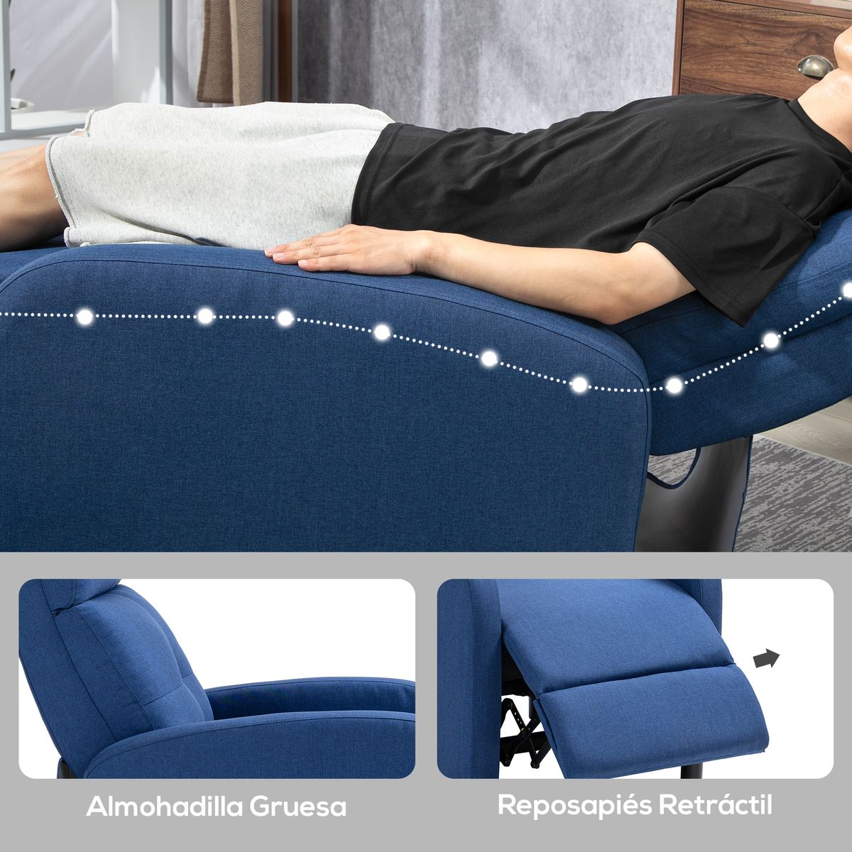 Sillón relax Gorrión Homcom reclinable con reposapiés azul 98x67x87 cm