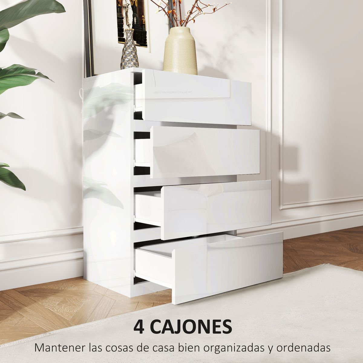 Cómoda Bromelia Homcom 4 cajones blanco brillo 80x55x33 cm