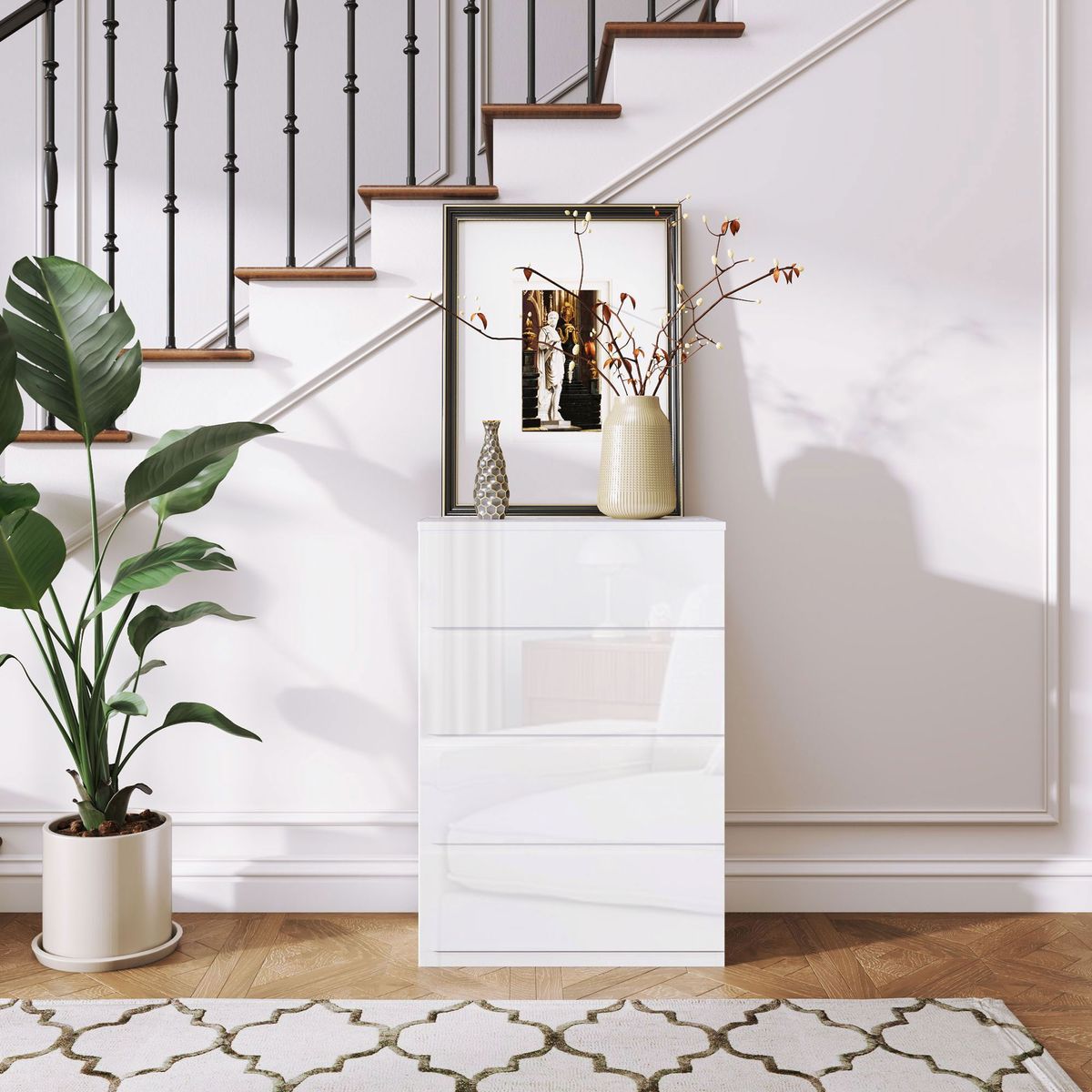 Cómoda Bromelia Homcom 4 cajones blanco brillo 80x55x33 cm decoracion