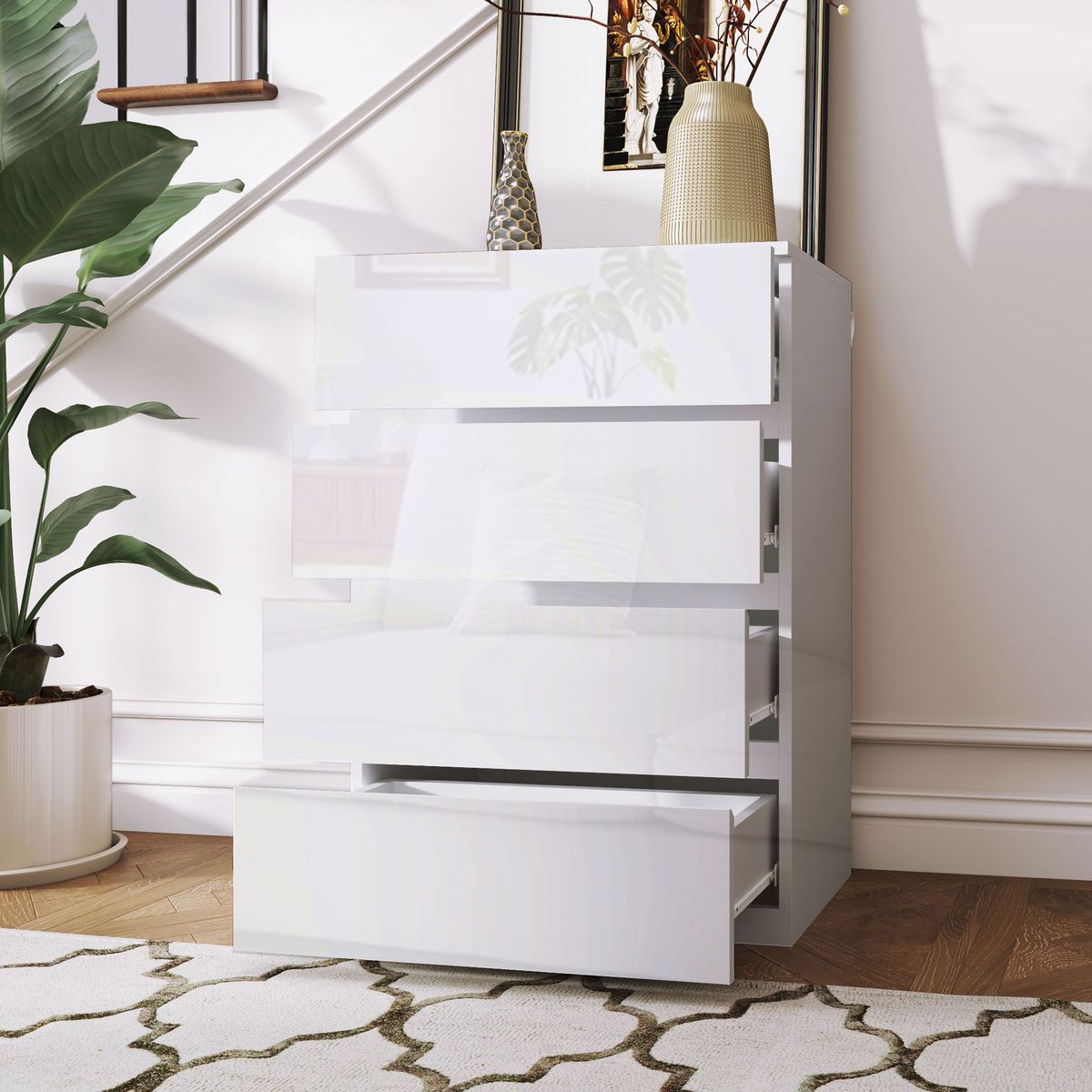 Cómoda Bromelia Homcom 4 cajones blanco brillo 80x55x33 cm
