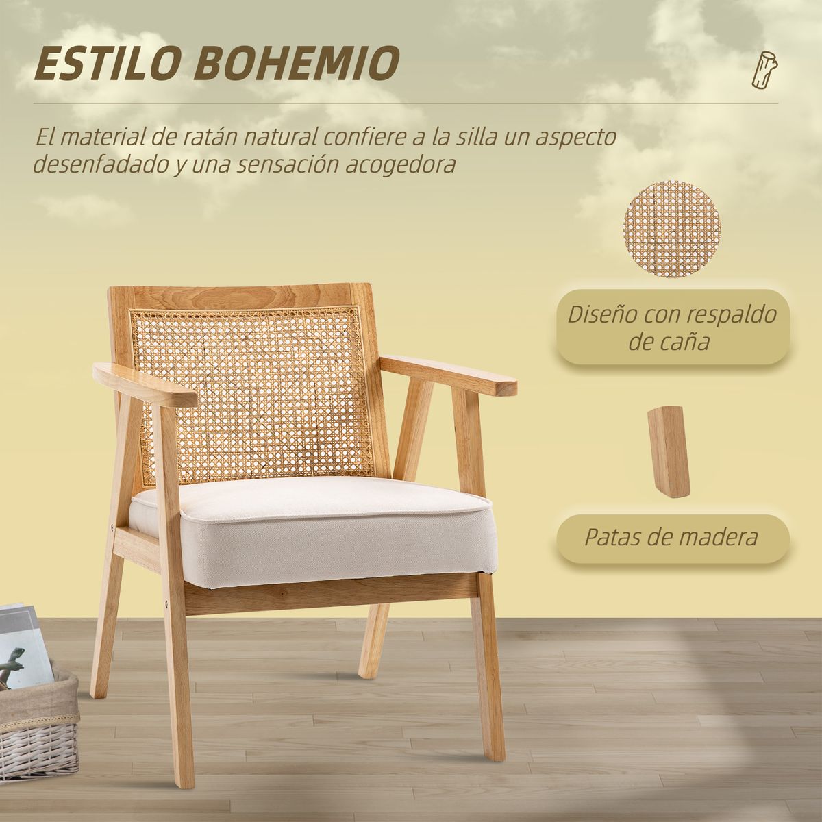 Sillón Topacio Homcom respaldo ratán natural/beige 78x63x69 cm ambientada