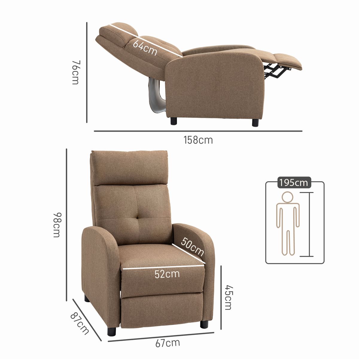 Sillón relax Gorrión Homcom reclinable con reposapiés marrón 98x67x87 cm medidas