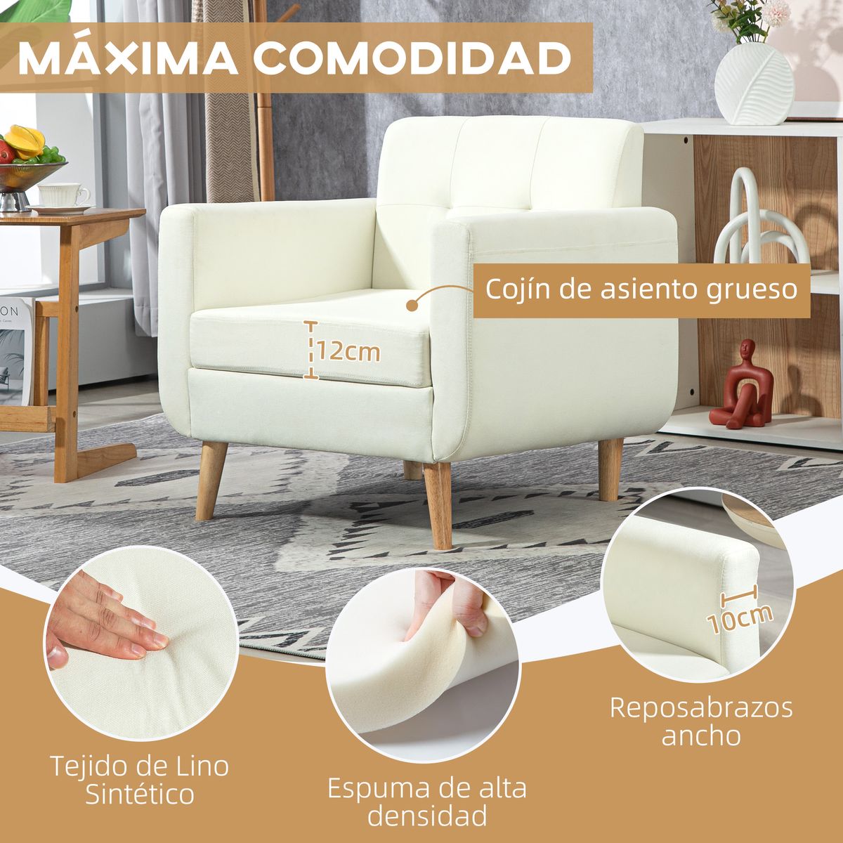 Sillón Sere Homcom asiento acolchado + reposabrazos crema 75x78x70 cm