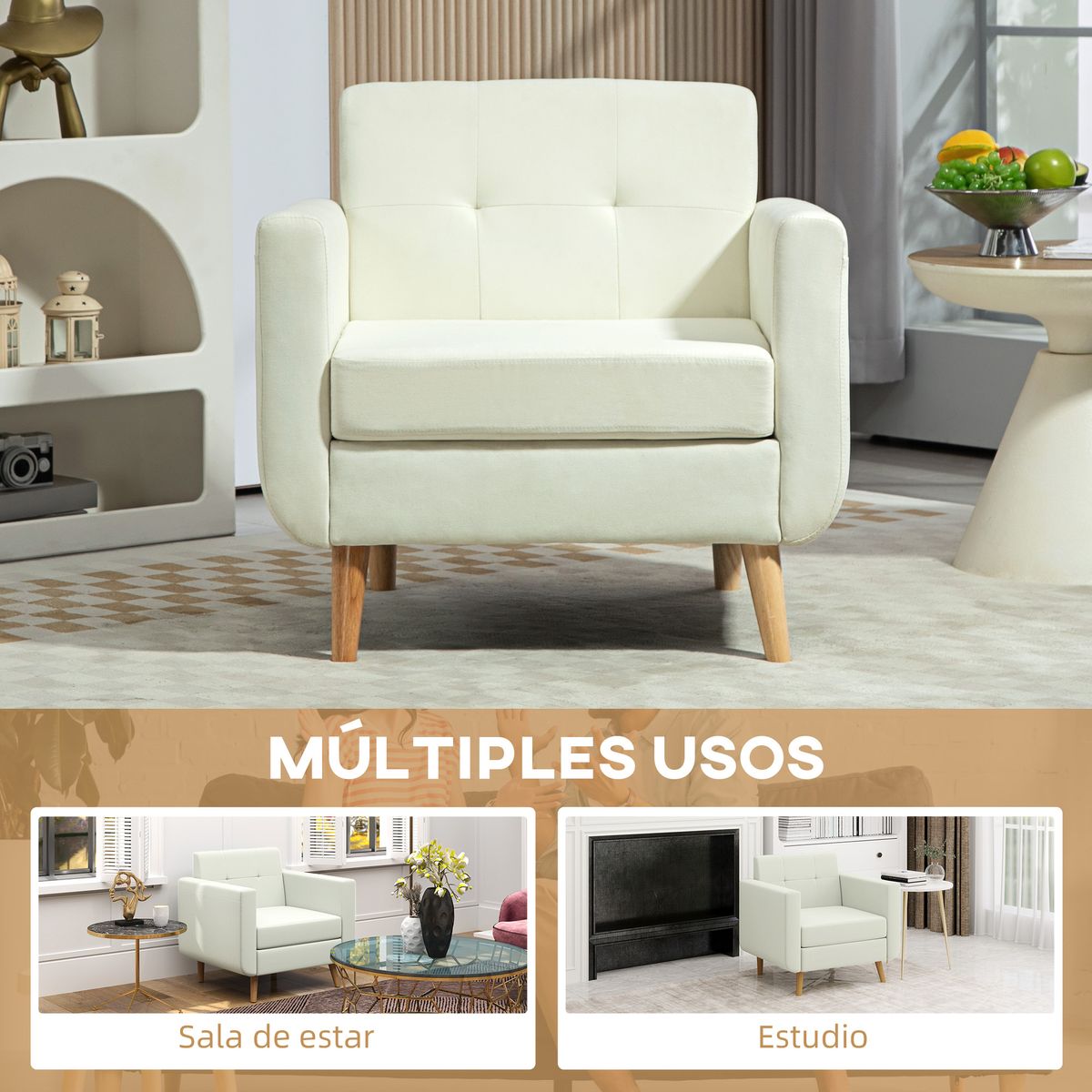 Sillón Sere Homcom asiento acolchado + reposabrazos crema 75x78x70 cm