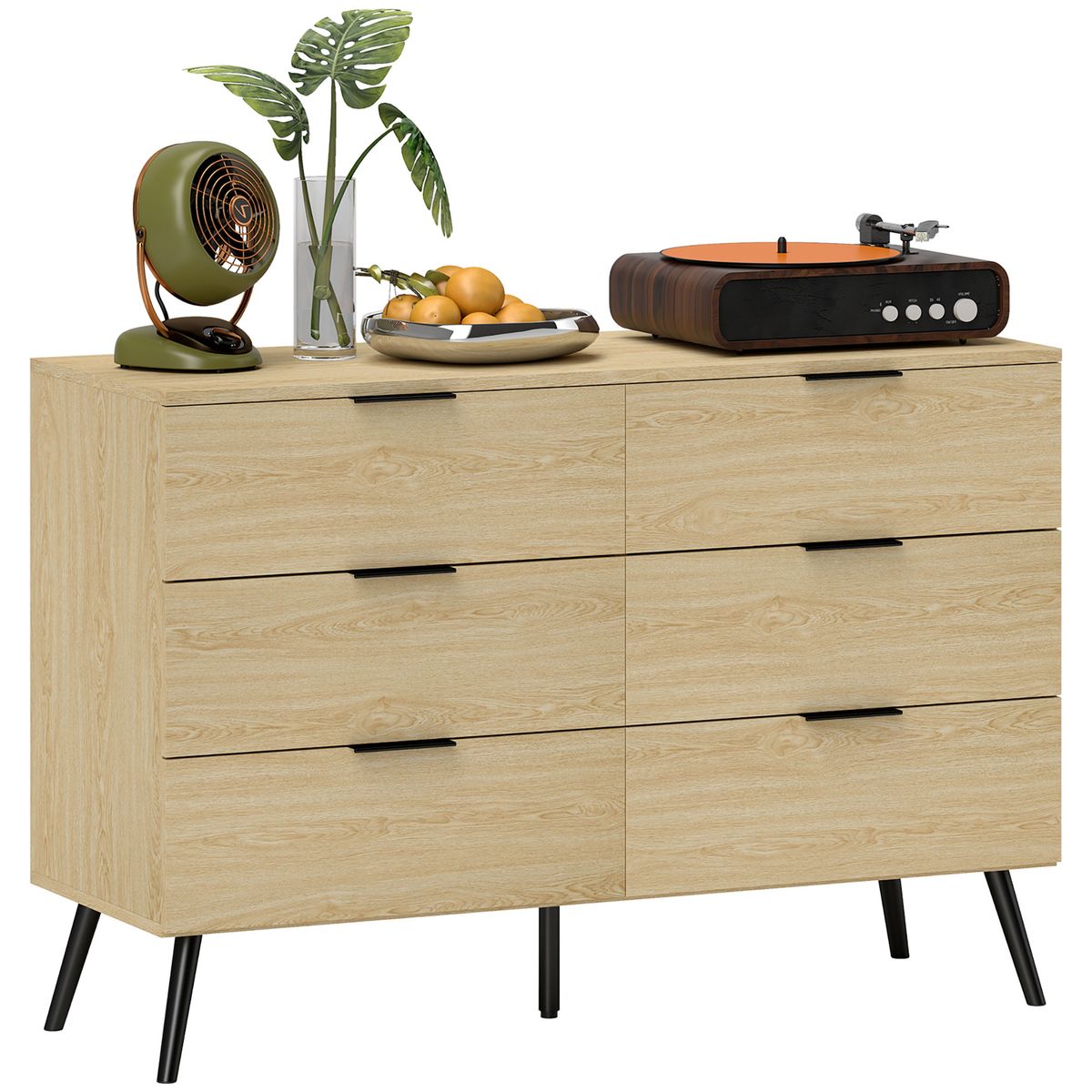 Aparador Jazmín Homcom 6 cajones roble 75x110x40 cm fondo blanco