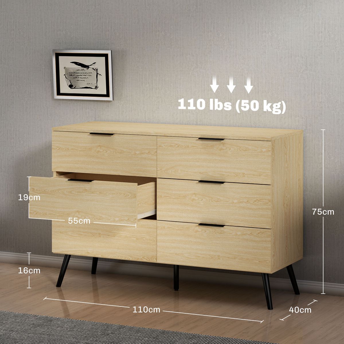 Aparador Jazmín Homcom 6 cajones roble 75x110x40 cm