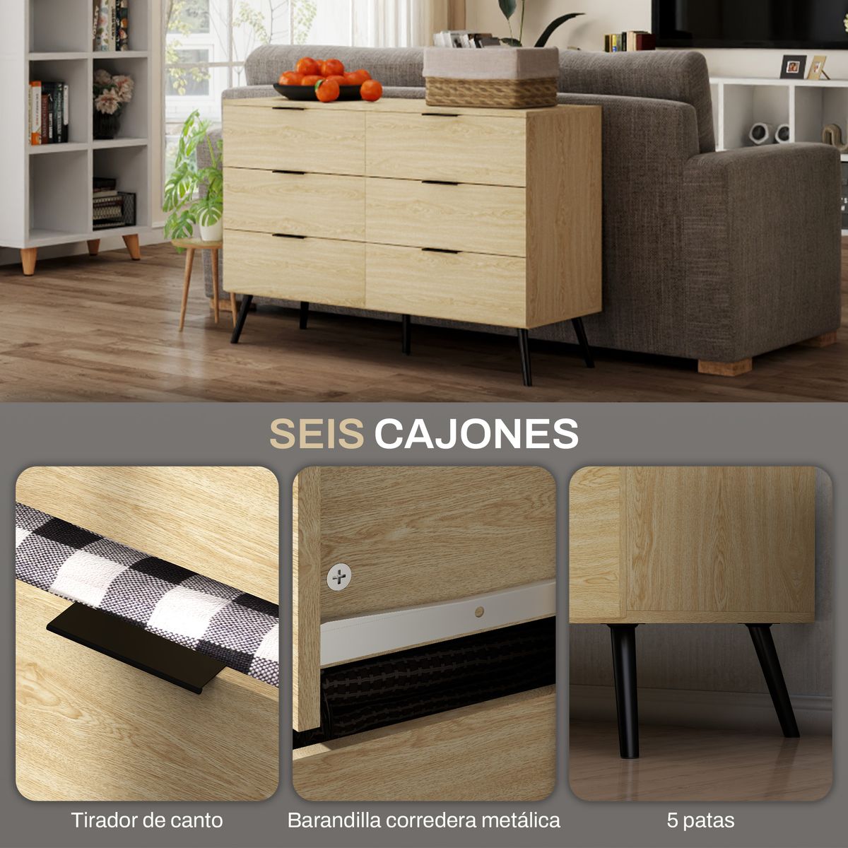 Aparador Jazmín Homcom 6 cajones roble 75x110x40 cm