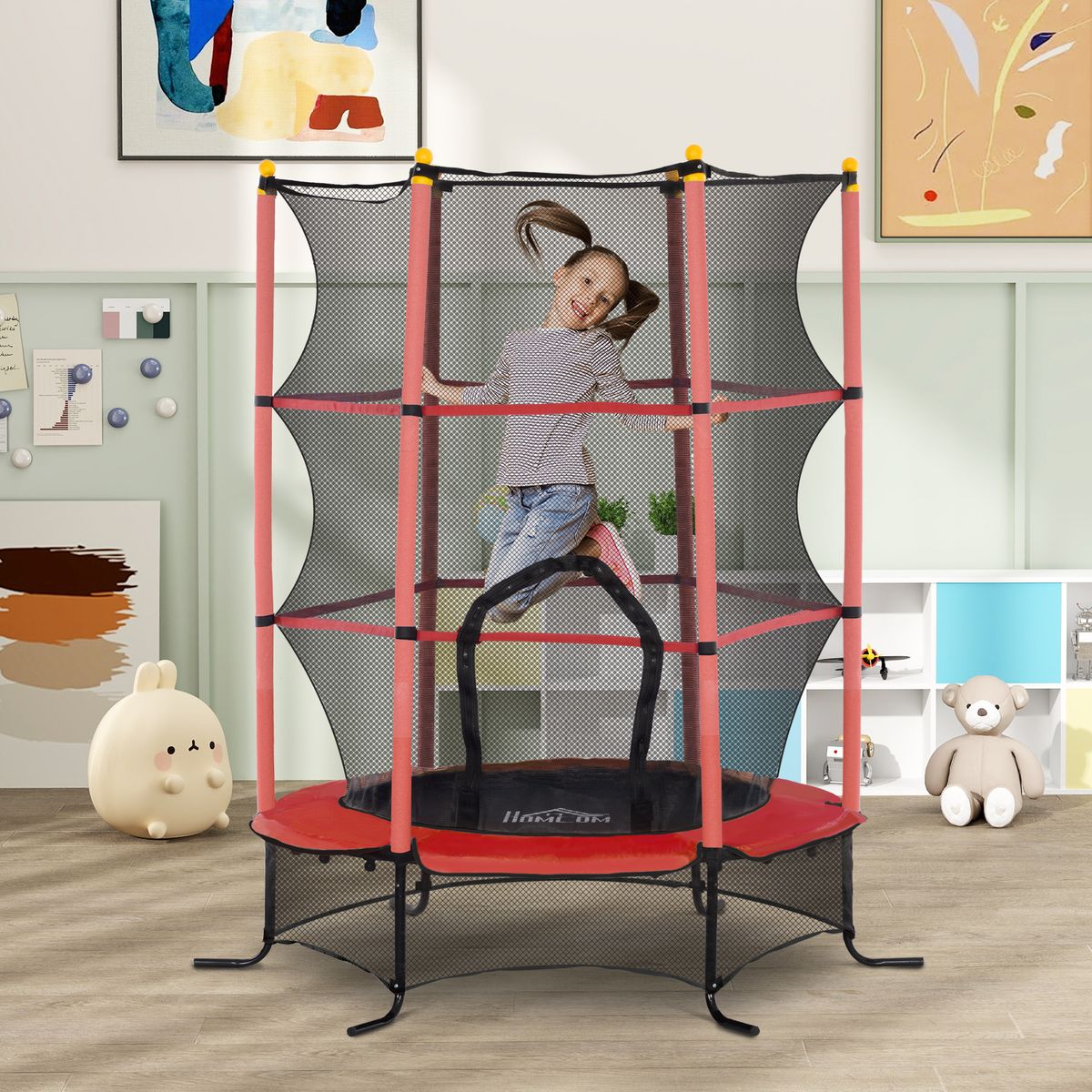 Cama elástica Sky Homcom puerta con cremallera + bordes acolchados rojo 190xØ163 cm