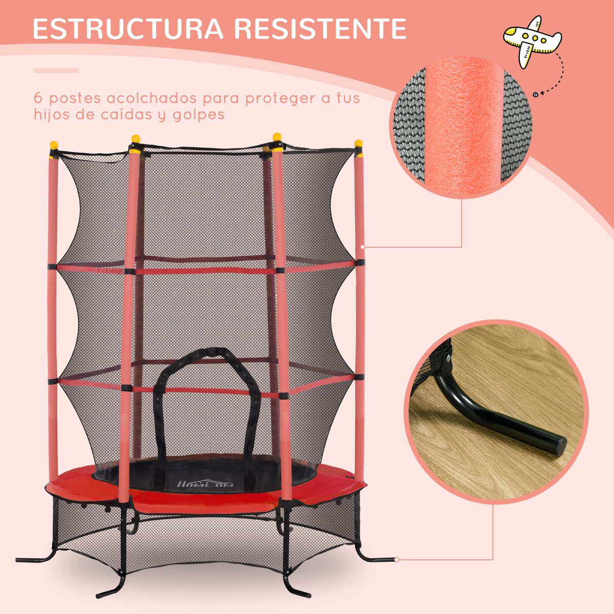 Cama elástica Sky Homcom puerta con cremallera + bordes acolchados rojo 190xØ163 cm