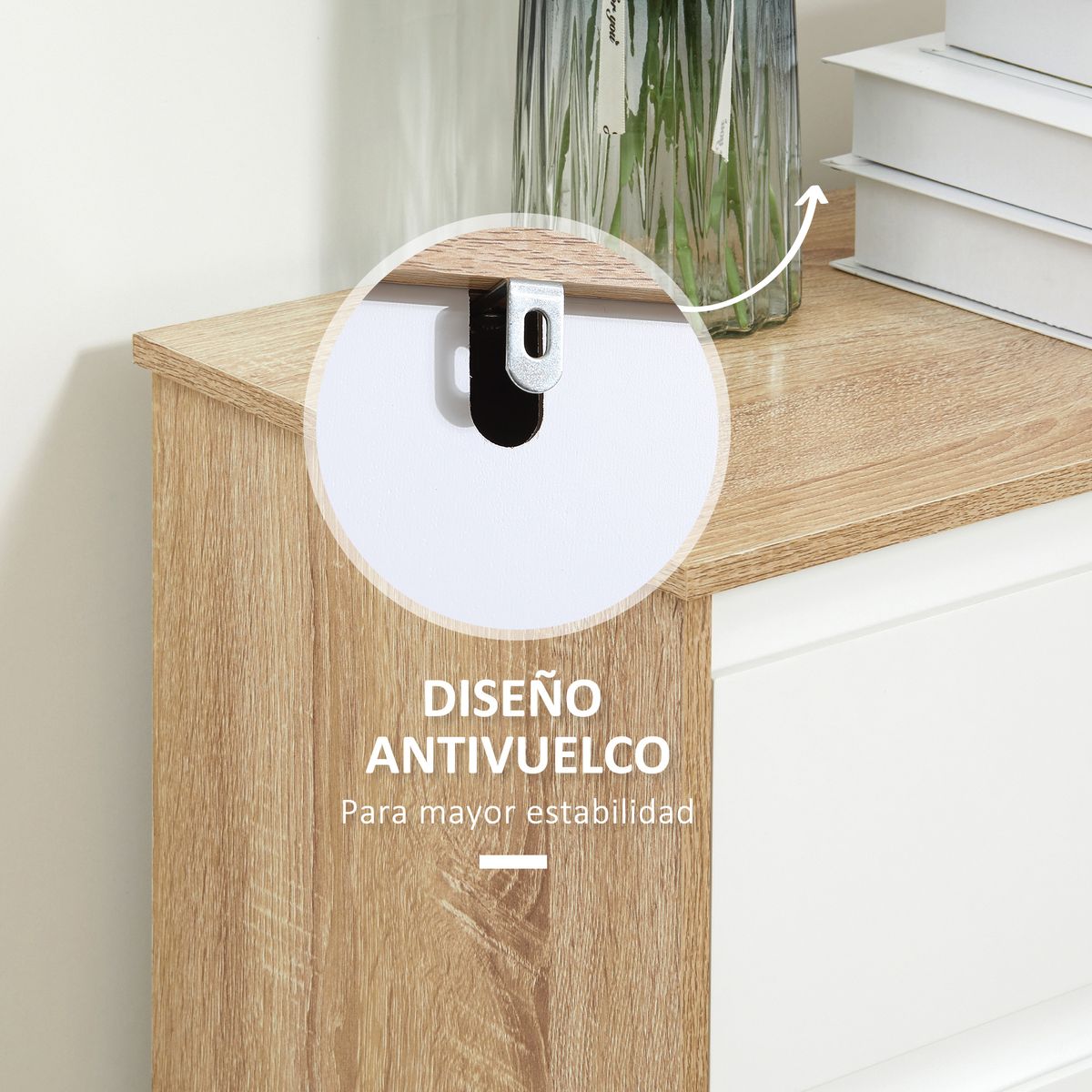 Armario auxiliar Menta Kleankin 1 cajón + armario blanco/natural 90x60x30 cm detalle