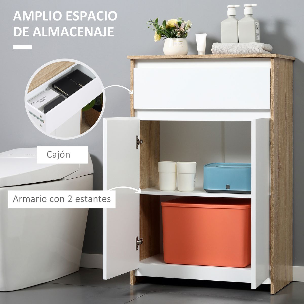 Armario auxiliar Menta Kleankin 1 cajón + armario blanco/natural 90x60x30 cm web