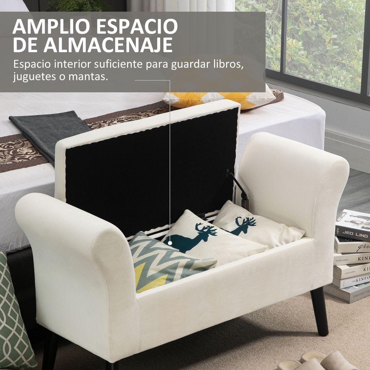 Banco de almacenaje Unakita Homcom con tapa abatible crema 65x111,5x41 cm