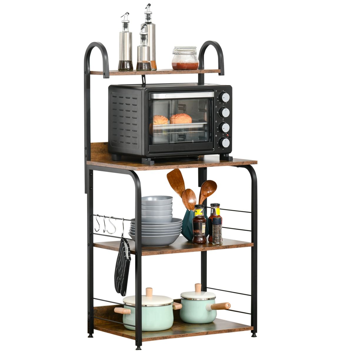 Estantería auxiliar Hiedra Homcom 4 niveles con ganchos rústico/negro 125x60x40 cm fondo blanco