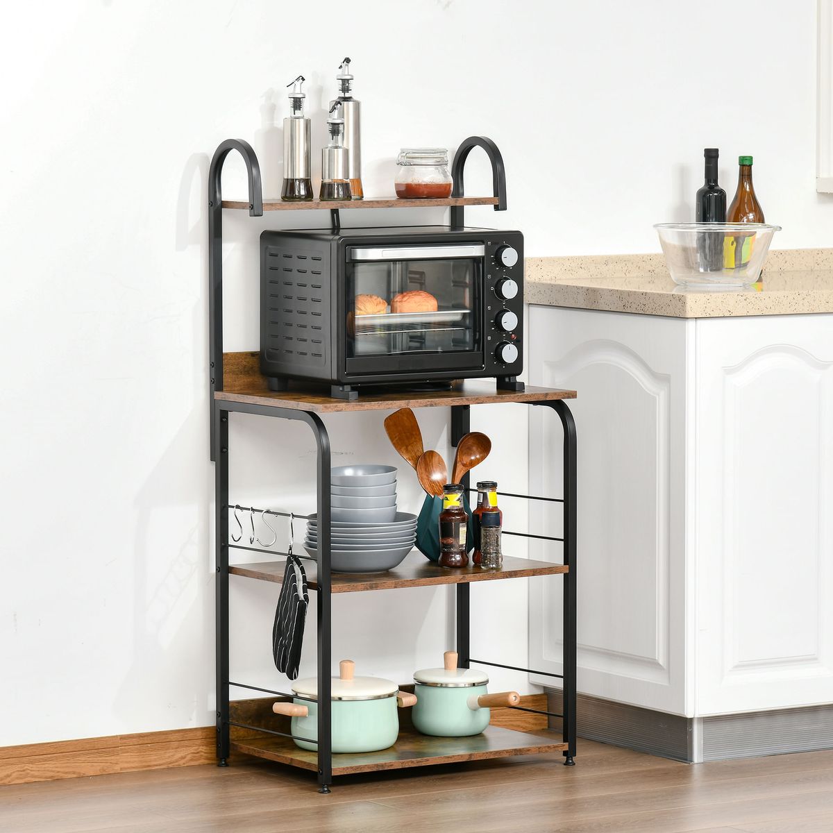 Estantería auxiliar Hiedra Homcom 4 niveles con ganchos rústico/negro 125x60x40 cm animada