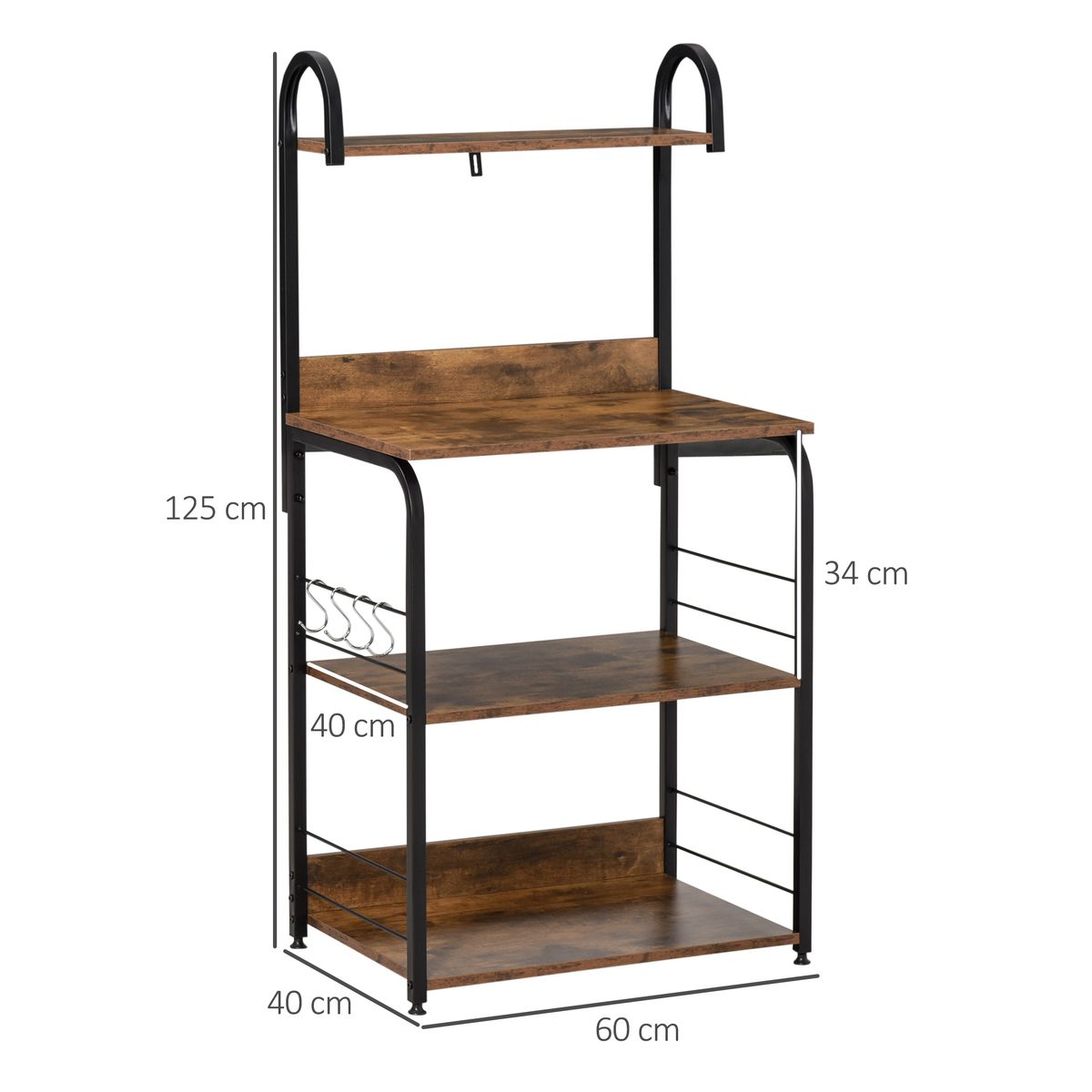 Estantería auxiliar Hiedra Homcom 4 niveles con ganchos rústico/negro 125x60x40 cm medidas