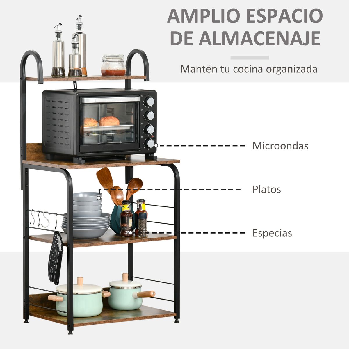 Estantería auxiliar Hiedra Homcom 4 niveles con ganchos rústico/negro 125x60x40 cm