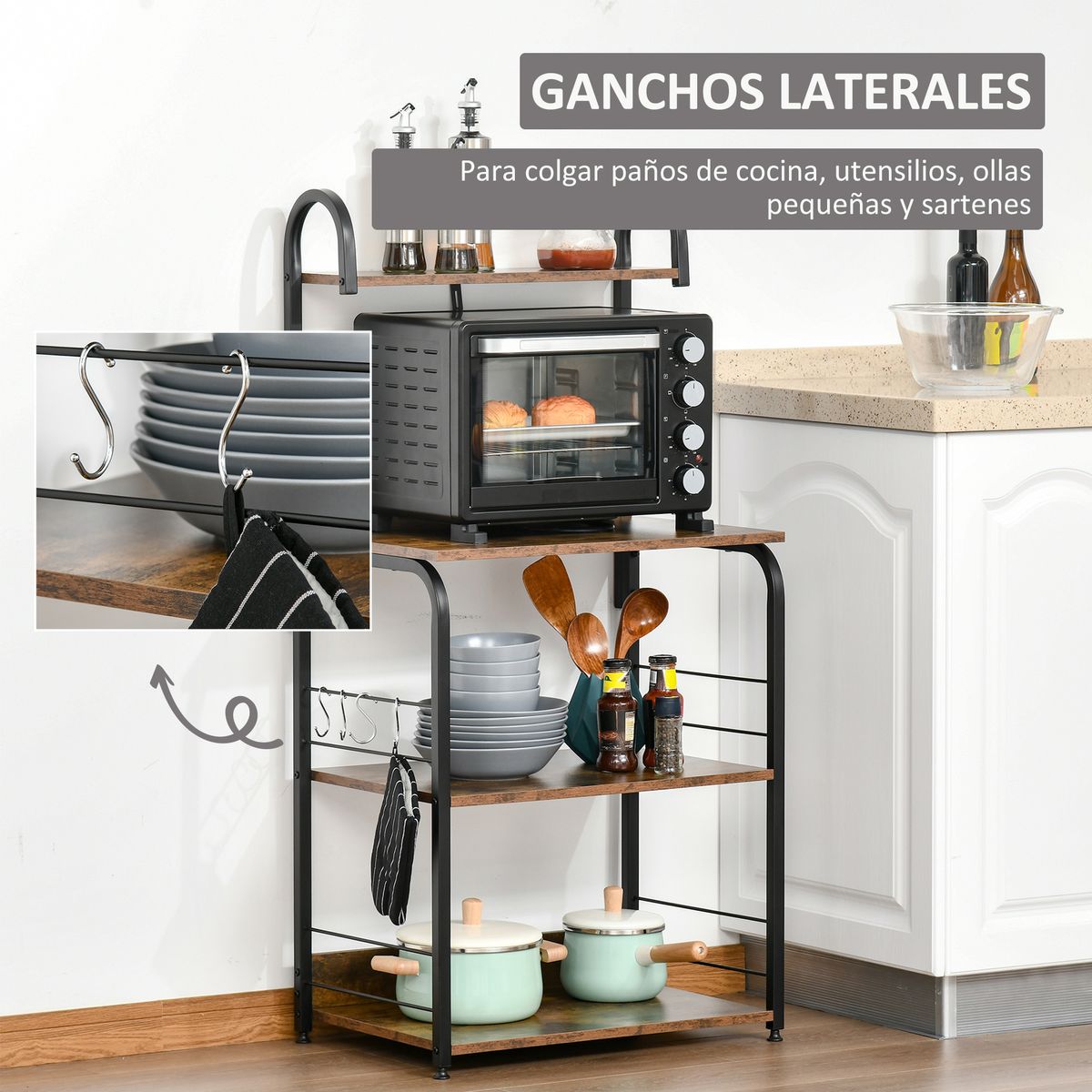 Estantería auxiliar Hiedra Homcom 4 niveles con ganchos rústico/negro 125x60x40 cm