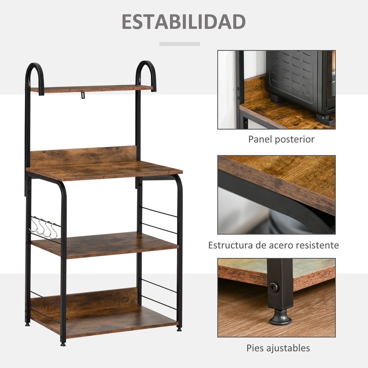 Estantería auxiliar Hiedra Homcom 4 niveles con ganchos rústico/negro 125x60x40 cm