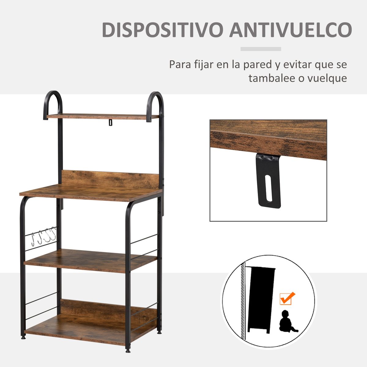 Estantería auxiliar Hiedra Homcom 4 niveles con ganchos rústico/negro 125x60x40 cm